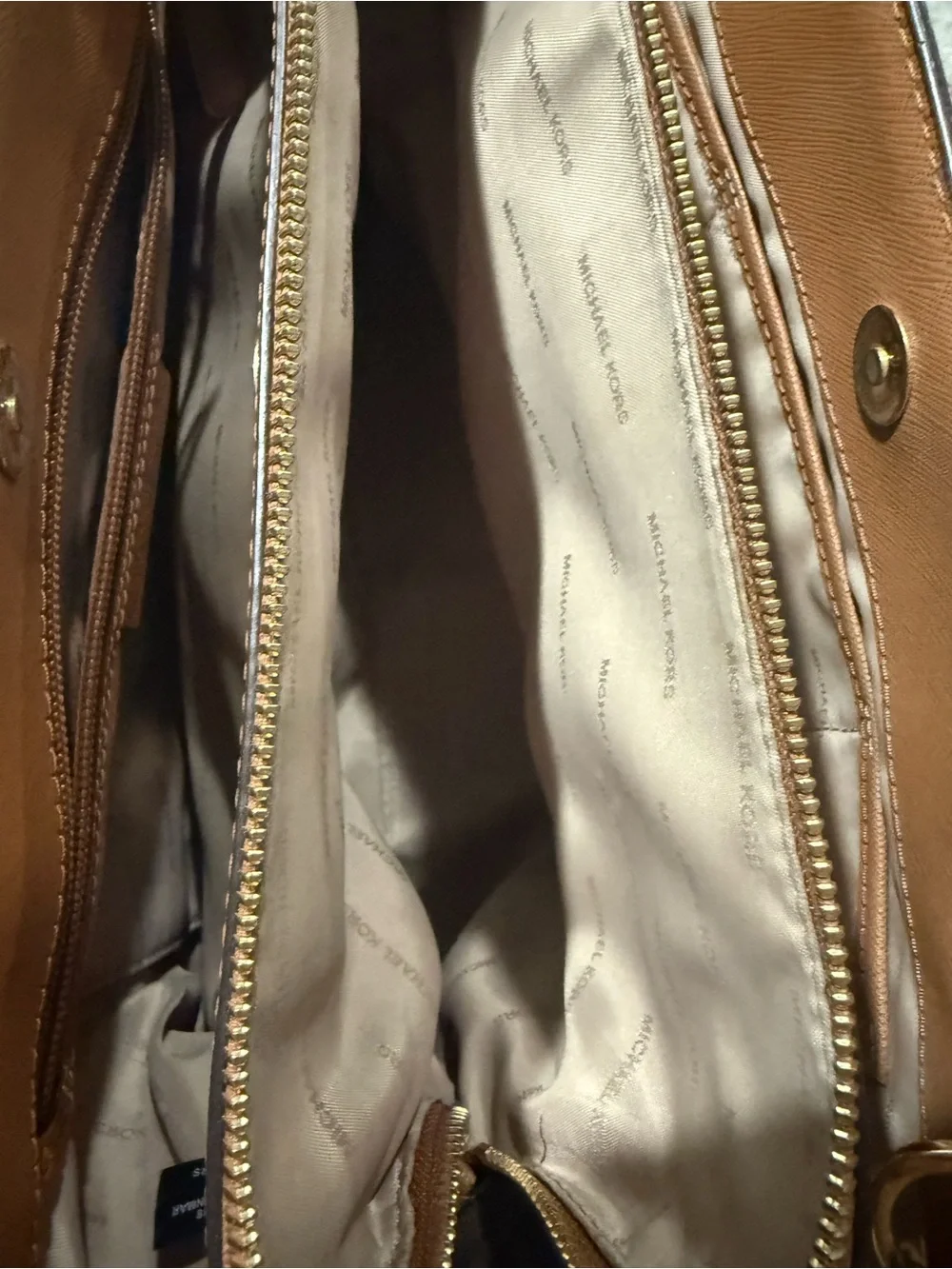 Michael Kors Brown & Tan Logo Satchel with Gold MK Charm